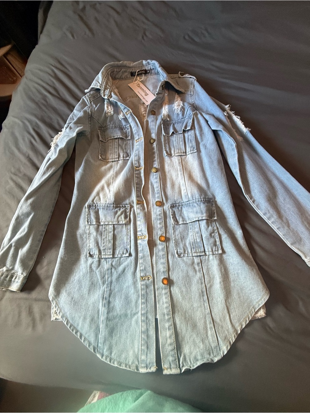 Light Blue Distressed Denim Longline Jacket